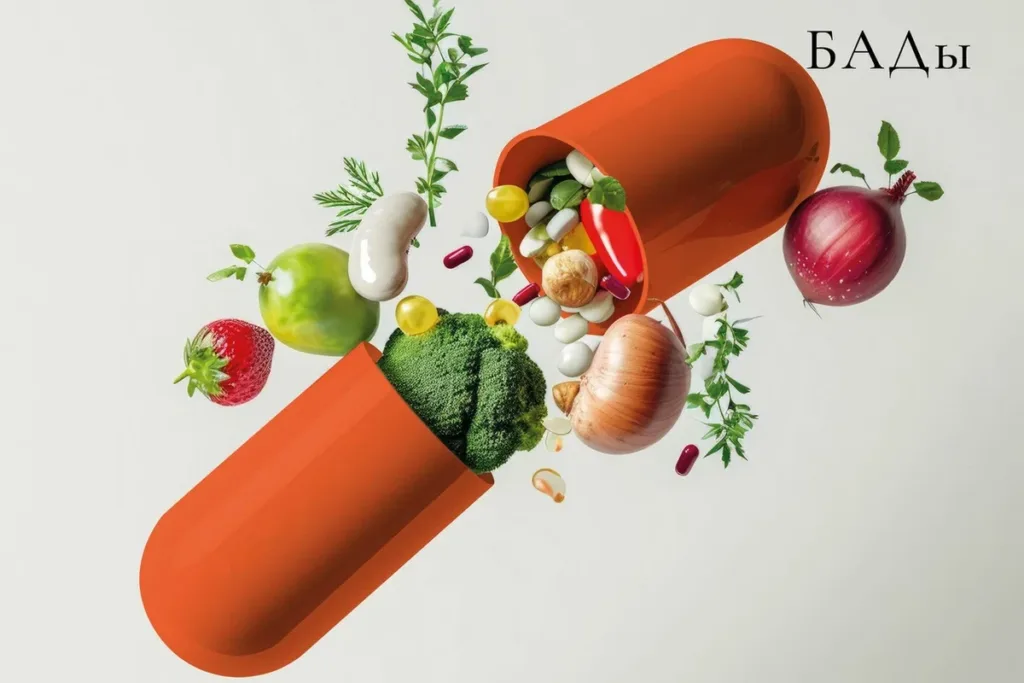 Раскрытая оранжевая капсула, из которой вылетают брокколи, ягоды, лук, фасоль и капсулы витаминов, на светлом фоне